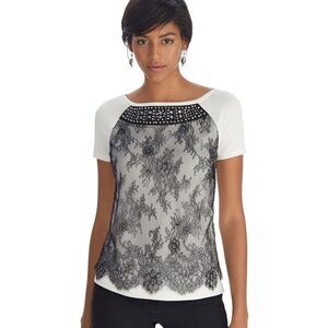 White House Black Market Short Sleeve Black Lace Jeweled Sweater Size XS